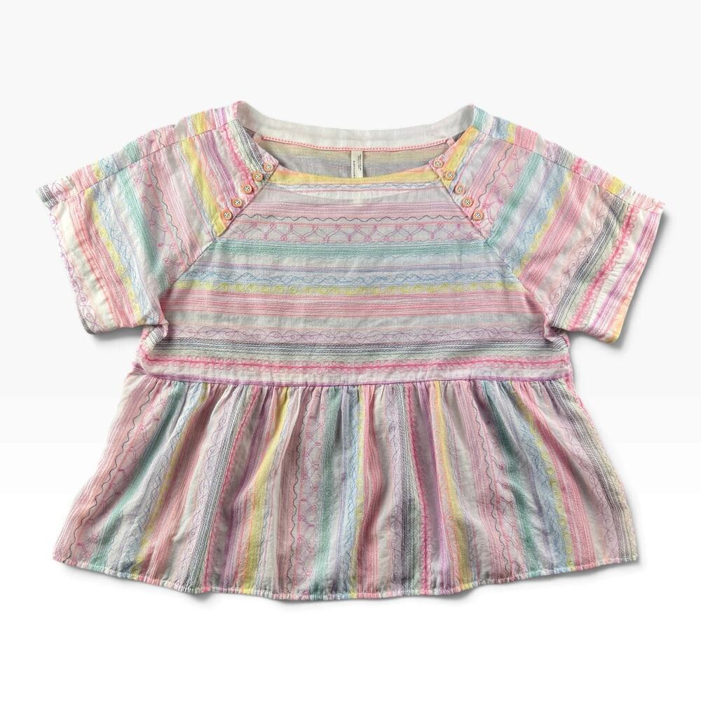 Anthropologie Womens Small Embroidered Peplum Blouse Pastel Striped Boho Top